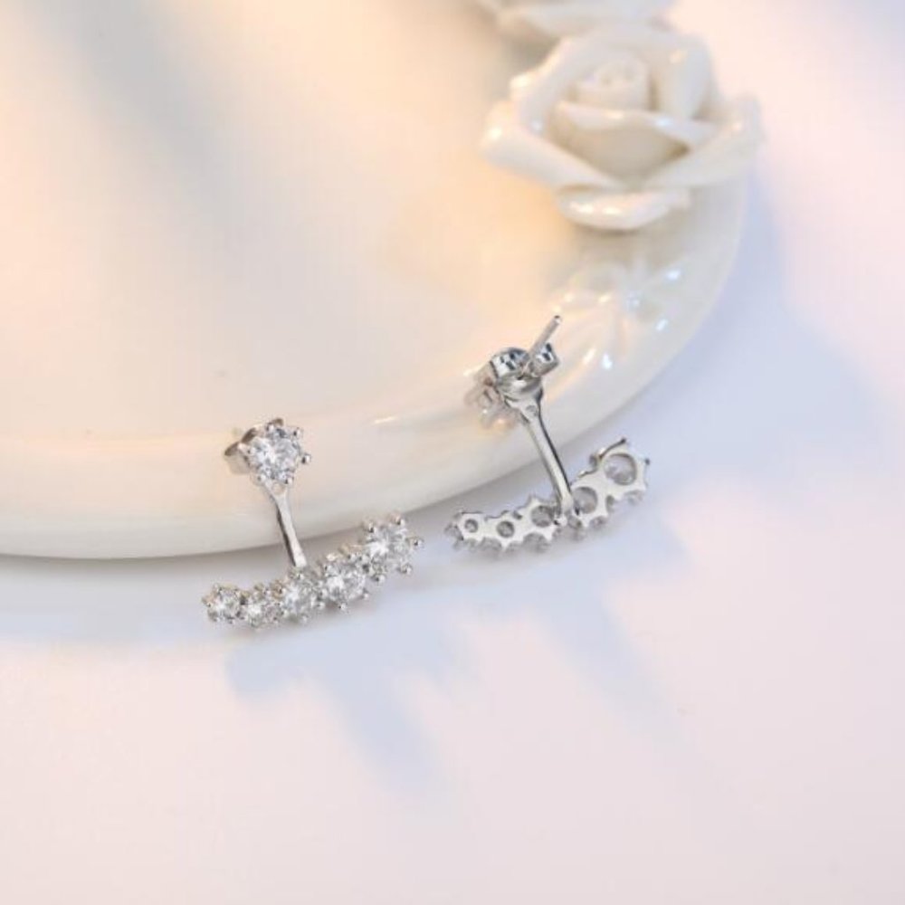 Silver Front Back Double Sided Cubic Zircon Stud Earrings - Picture 4 of 6